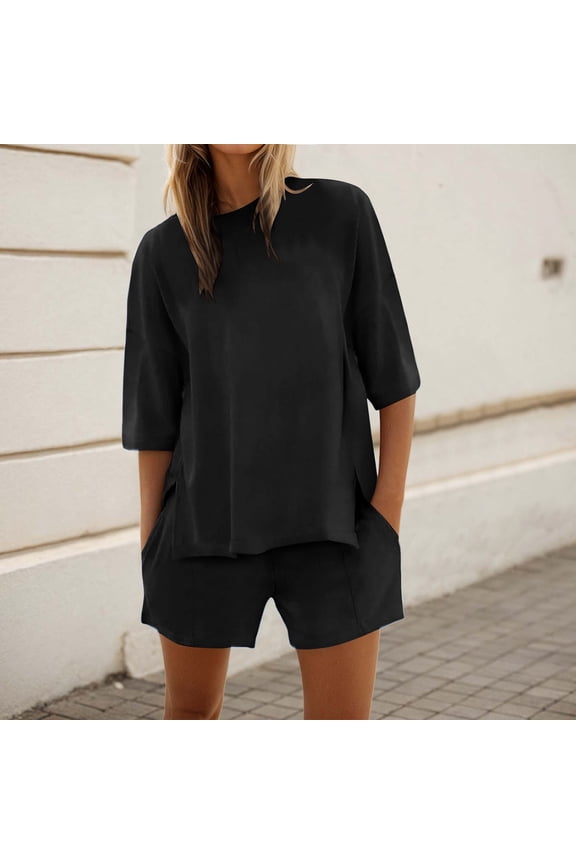 Womens Shorts Sets 2 Piece Outfits Summer 2025 Half Sleeve Crew Neck Sets Matching Clothing Bikini Cover Baying Suits Swim Tops for Women Jean Shorts Suit Full Body Bathing Suit Swim Cover