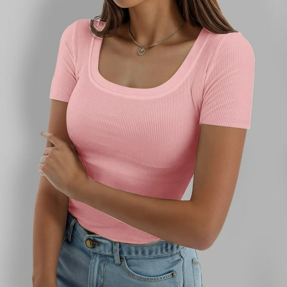 Hauaitttt Womens Summer Short Sleeve Tops Square Neck Ribbed Slim Fitted Shirts Casual Tee Tshirt T Shirts Spandex Neck Long Sleeve Tops for Women Large Women T Shirts Oversized Tee Shirt Long Sleeve