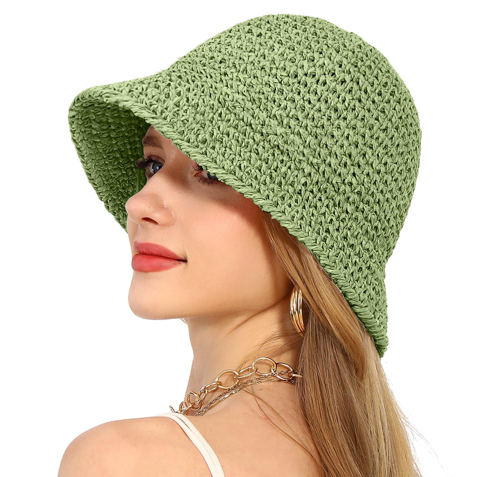 Hauaitttt Womens Sun Hat Handmade Straw Bucket Wide Brim  display picture 3