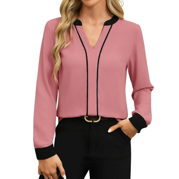 Hauaitttt Womens Tops Dressy Casual V Neck Color Block Business Casual Blouses Long Sleeve Work Shirts Fall Clothes Women Short Sleeve Tee Shirts Workout Shirt Work Out Shirt Long Sleeve Summer Tee