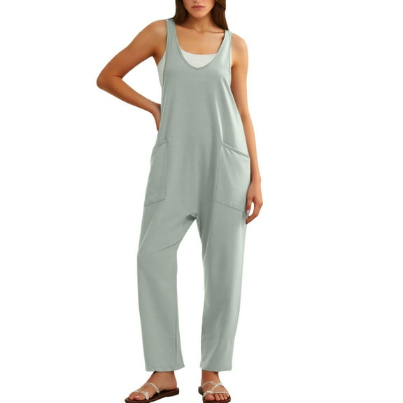 Hauaitttt Womens V Neck Jumpsuit Casual Loose Tank Sleeveless Overalls Wide Leg Long Pants Romper with Pockets Clothes Jean Jumpsuit for Women Rompers for Juniors off The Shoulder Super Jumpsuit