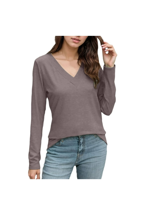 Womens V Neck Long Sleeve Shirts Dressy Casual Fall Tops Loose Tunic Tops Blouse Shirt Light Womens Tees Shirt Juniors Women T Shirts Summer Long Sleeve Fitted Shirt Women Plain Tees for