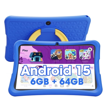 10.1 inch Android 15 Kids Tablets 2025,6GB RAM + 64GB ROM,Parent Control Kids Education Children Tablet with WiFi,Kid-Proof Case,Blue