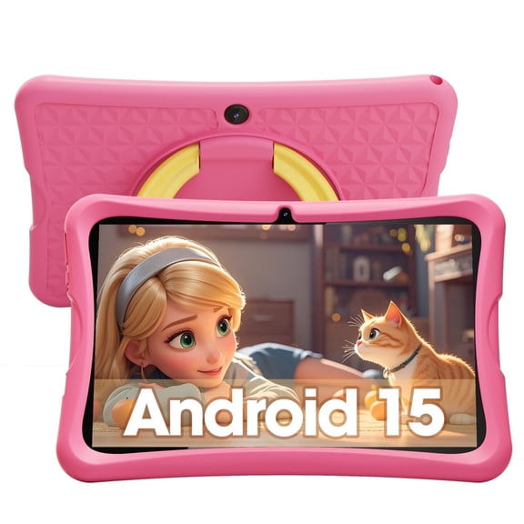 10.1 inch Android 15 Kids Tablets,Google Kids Space,6GB RAM + 64GB ROM,Educational Tablets fot Toddler,Kid-Proof Case,Pink