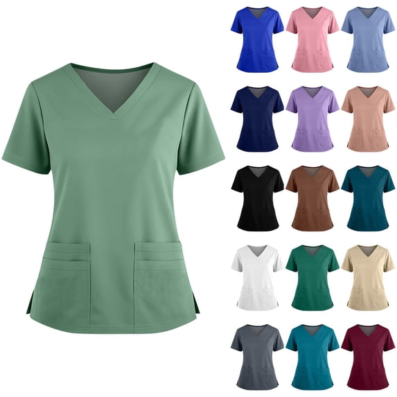 Hauewh Scrub Tops for Women Soft Stretch Breathable Fabric V-Neck Top Scrub Shirts 4 Pocket Comfortable Scrub