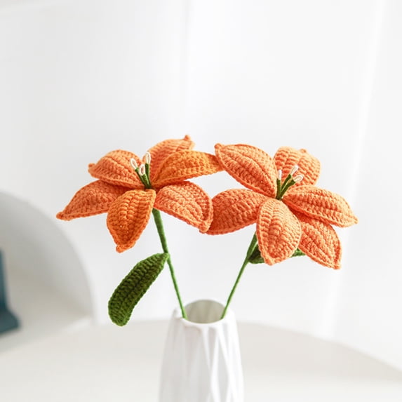 HauiWeiLyai Crochet Flowers Lilies, Mothers Day Crochet Flower Bouquet, Fake Artificial Flowers Bouquet For Home Office Party Wedding Decoration Birthday Gift Orange