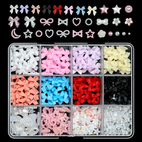 Hauiodp 3D Pink Color Assorted Pearls Gems Nail Charms Heart Bow Bear Nail Charms Star Bows Pearls Planet Nail Charms for Manicure DIY Crafts Jewel Accessories for Women Nail Charms