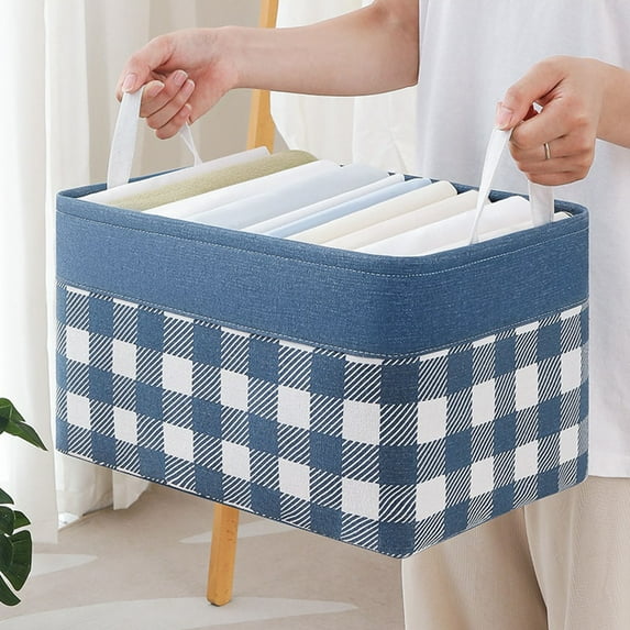 Hauiodp Blue Checkered Canvas Basket, Canvas Foldable Box, Small Storage Bin, Small Fabric Rectangular Storage Basket, Collapsible Bin for Toy and Clothes Storage