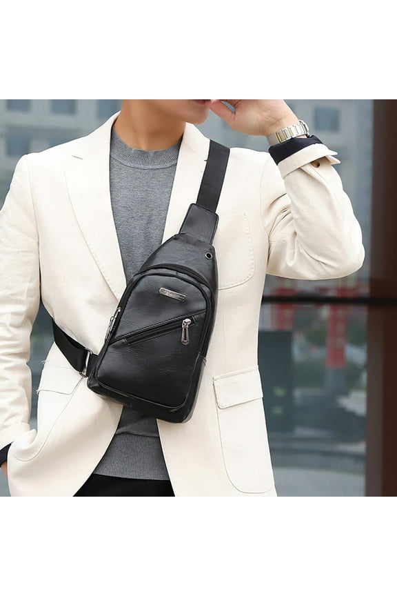 Crossbody Bag, PU Leather Sling Bag, Small Backpack Sash Bag Chest Daypack for Walking Hiking Travel, Multiple Zipper Pockets Adjustable Shoulder Strap