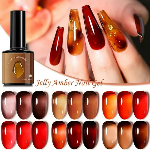 Hauiodp Fall Gel Nail Polish Set – Amber Chic Jelly Gel Polish with Blooming Gel for Marble Effects, 6 Colors Yellow Red Brown Gray Translucent Soak Off UV LED Autumn Nail Art
