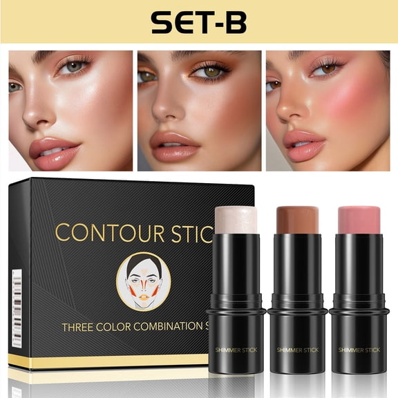 Hauiodp Repairing Stick 3 Sets Of Three-dimensional Decoration Highlight Shadow Powder Blusher Pen Multi-function Makeup Stick 18