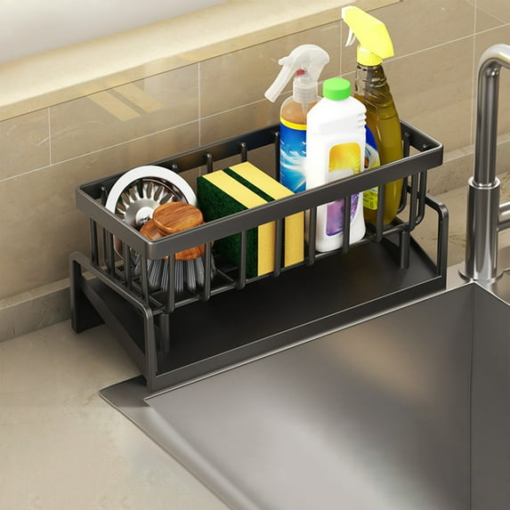 Hauiodp Stainless Steel Kitchen Sink Caddy, Self-Draining Sponge Holder with Drip Tray, Dish Brush & Soap Dispenser Storage, Home Decor Storage and Organization for Countertop & Bathroom