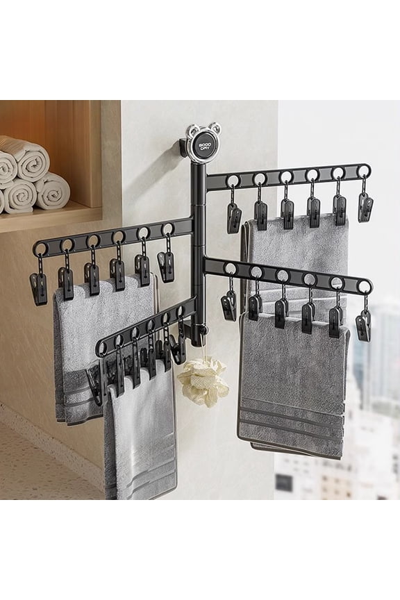 Wall Mounted Clothes Hanger with Clothespins, Foldable Hanging Drying Racks, Space Saving Clothes Hanger, Rotatable Hook for Drying Towels, Bras, Baby Clothes, Gloves