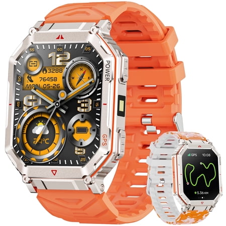3CLOUDGE Military Smart Watch for Men with GPS/Answer/Make Calls/100+ Sport Modes, with 2.01-inch Outdoor Sports Fitness Tracker Watch fits for Android and Iphone Devices (Orange)