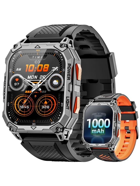 Military Smart Watch for Men 2.01 inch with 1000mAh/IP68 Waterproof/Answer/Make Calls/100+ Sport Modes/Outdoor Sports/Fitness Tracker Watches fits for Android and Iphone Devices (Black)