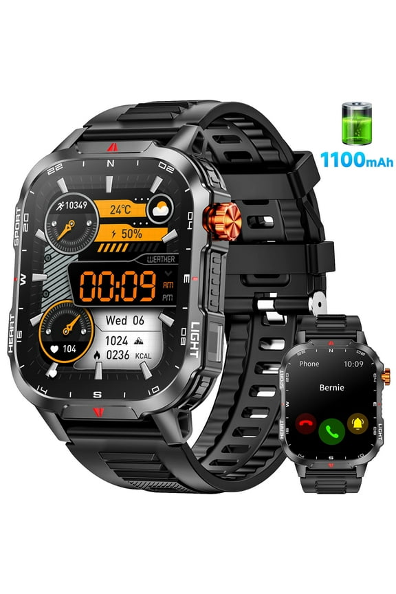 Military Smart Watch for Men, 2.01-inch 1100mA Fitness Tracker Smartwatch, fits for Android and Iphone Devices IP68, with Answer/Make Calls/100+ Sport Modes (Black)