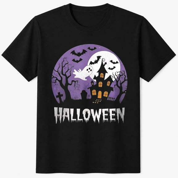 Haunted Castle Bats and Moon Halloween T-Shirt, Funny Spooky Season Graphic Short Sleeve Casual Shirt