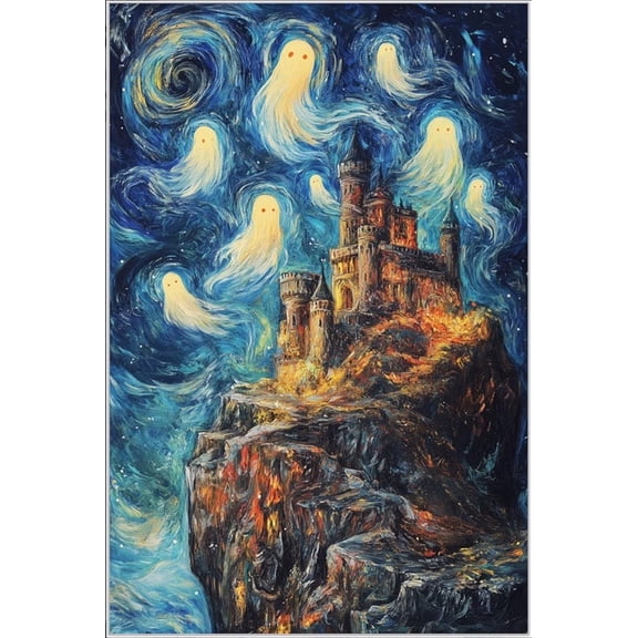 Haunted Castle Ghosts Spooky Halloween Poster, Seasonal Living Room And Home Decor