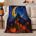 thumbnail image 1 of Haunted Castle Halloween Night Glowing Pumpkins Dark Blue, Festive Halloween Scene, Warm Flannel Blanket for Living Room and Reading Nook, Art Lovers Halloween Gift, Festive Home Decor, 1 of 9