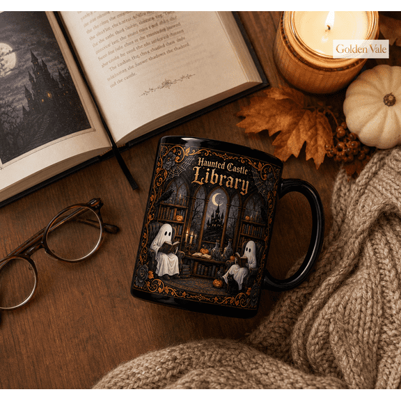 Haunted Castle Library Mug, Gothic Halloween Coffee Cup for Book Lovers
