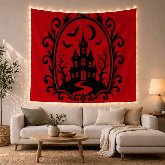 Haunted Castle in an Ornate Frame with Bats and Trees, Spooky Gothic for Halloween Decor Fans, Silhouette Wall Art, Halloween Gift, Tapestry Wall Hanging for Bedroom and Den