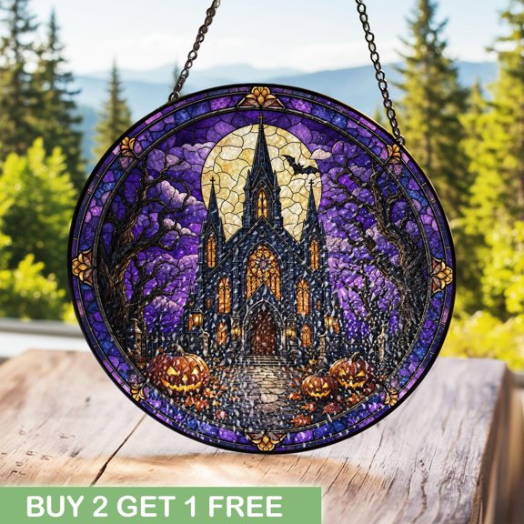 Haunted Church Stained Glass Window Hanging, Gothic Halloween Castle Glass Decor, Moonlit Pumpkin Round Panel, Spooky Fall Gift Window Decor