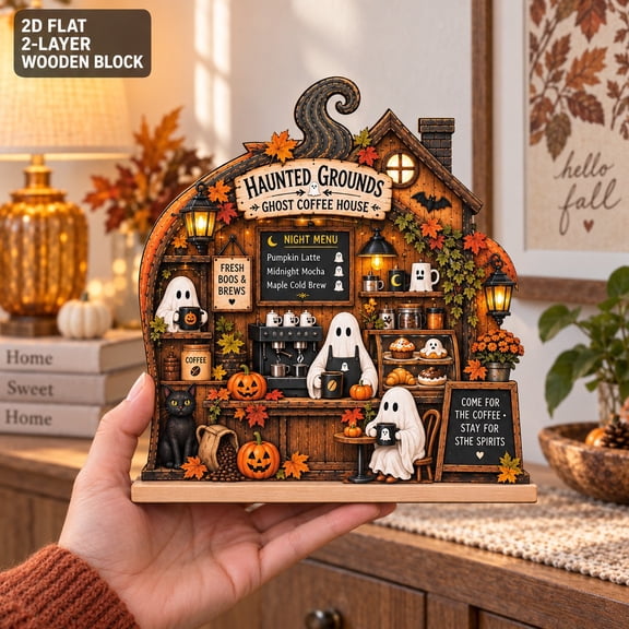 Haunted Coffee House Ghost Wooden Block for Halloween Tabletop Decor