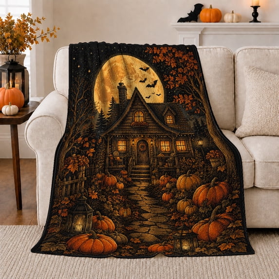 Haunted Cottage with Golden Moon Bats and Pumpkin Path, Spooky Gothic Autumn Style for Halloween Lovers, Warm Flannel Blanket for Living Room and Guest Room, Halloween Gift, Home Decor