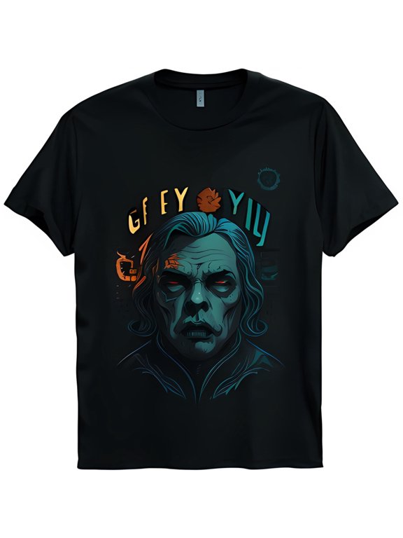 Haunted Expression Graphic Black T-Shirt Dark Eyes & Swirling Colors GREY JOY