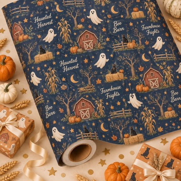 Haunted Farm Ghosts Halloween Wrapping Paper for Spooky Gifts