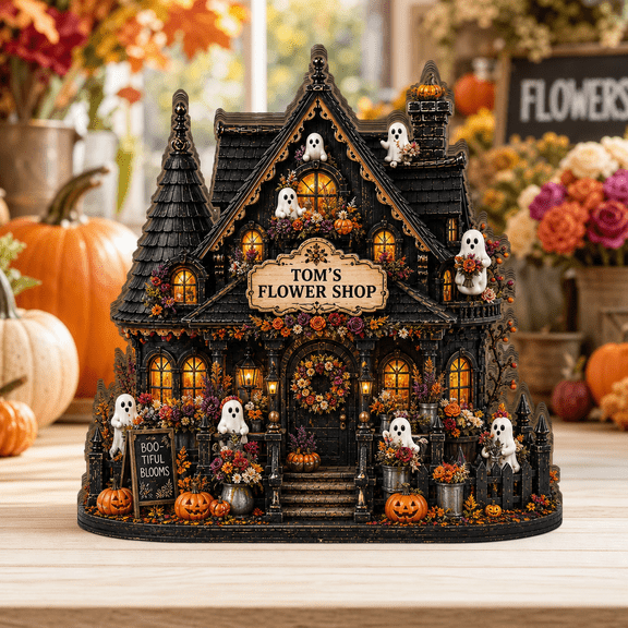 Haunted Flower Shop Wooden Block Halloween Shelf Decor for Tabletop