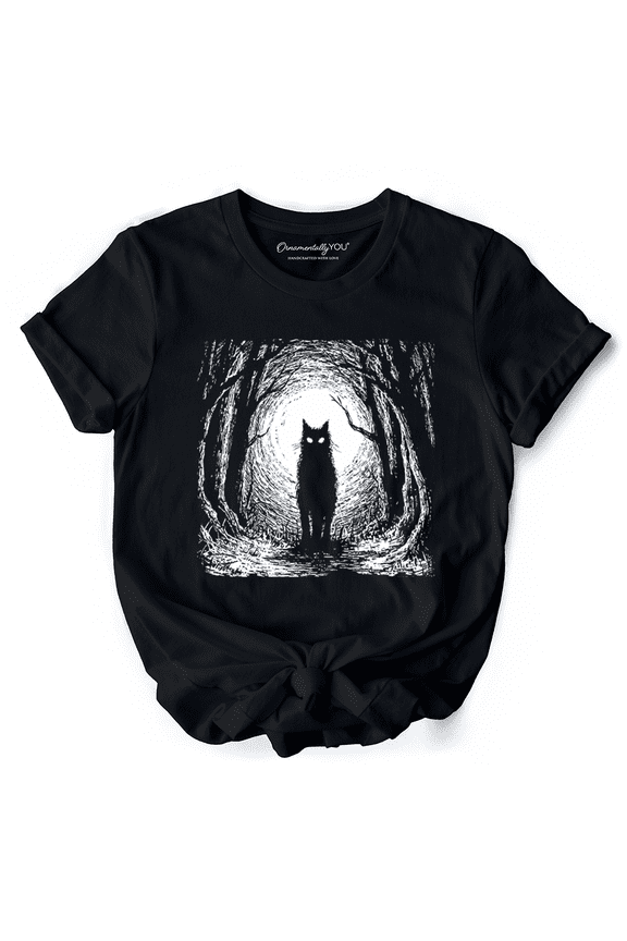 Haunted Forest Black Cat T-Shirt, Spooky Halloween Night Tee