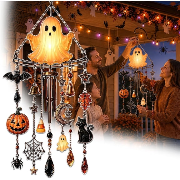 Haunted Glow Ghost Wind Chime, LED Light Up Halloween Outdoor Decoration with Bat Pumpkin Moon Cat Ornaments, Durable and Long-Lasting, Windproof and Waterproof for Porch Yard Party