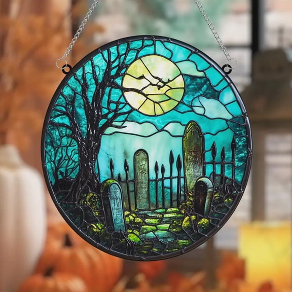 Haunted Graveyard Acrylic Suncatcher, Spooky Faux Stained Glass Window Hanging, Halloween Cemetery Decor
