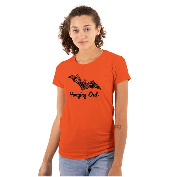 Haunted Halloween Bat Hanging Out Womens Slim Fit Graphic Tee Brisco Brands L
