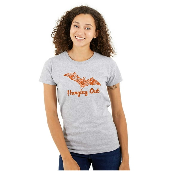 Haunted Halloween Bat Hanging Out Womens Slim Fit Graphic Tee Brisco Brands X