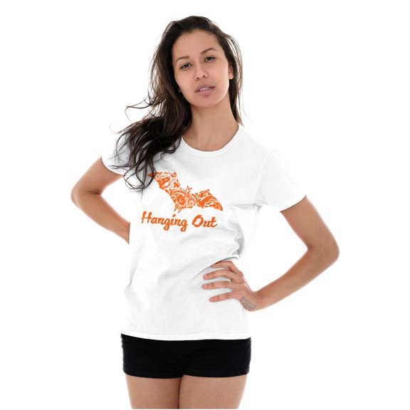 Haunted Halloween Bat Hanging Out Womens Slim Fit Graphic Tee Brisco Brands L