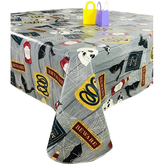 Haunted Halloween Flannel Backed Vinyl Tablecloth: in The Witch's Cupboard, Spooky Skull Potions and Other Pantry Supplies on Distressed Grey Background (52" x 70" Inch)