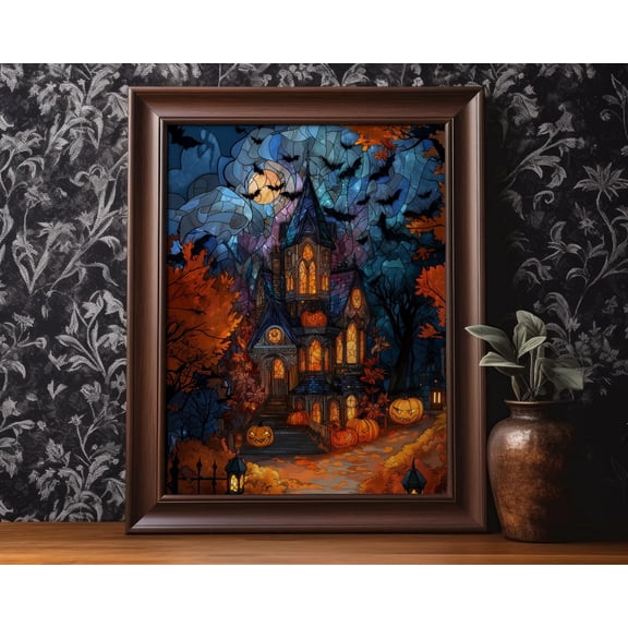 Haunted Halloween Mansion Wall Art Print Wall Decor Stained Glass Style Jack O Lantern Pumpkin Fall Autumn Spooky Gift Matte Poster Unframed