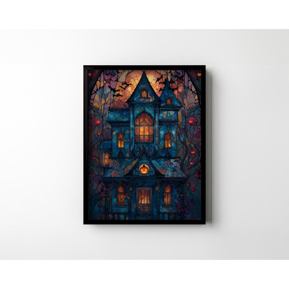 Haunted Halloween Mansion Wall Art Print Wall Decor Stained Glass Style Jack O Lantern Pumpkin Fall Autumn Spooky Gift Matte Poster Unframed