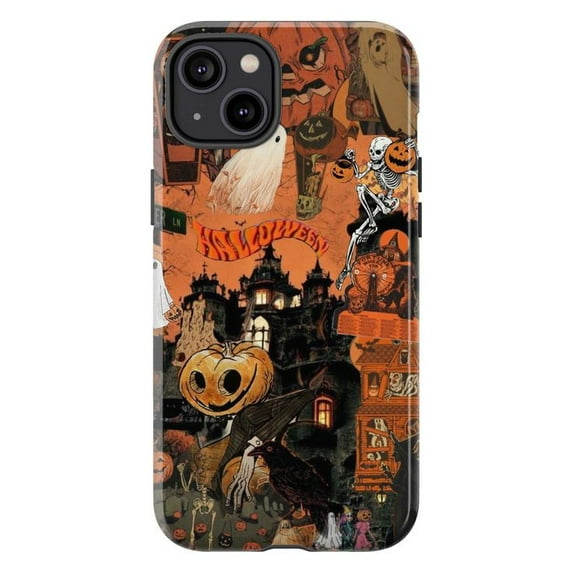 Haunted Halloween Phone Case, Vintage Ghosts and Pumpkin Skeleton Collage, Spooky Aesthetic iPhone Cover for iPhone 16 15 14 13 12 11 Pro Plus Max Mini