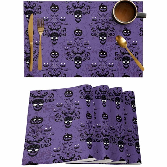 Haunted Halloween Scary Pumpkin Skeleton Placemats Set of 4,Wipeable Washable Table Mats for Dining Tables,Damask Flower Purple Black Place Mats for Kitchen Event Party Tabletop Decor
