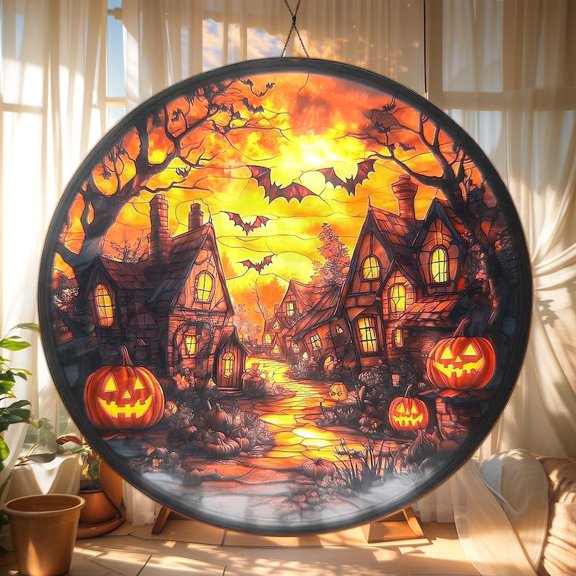 Haunted Halloween Village Acrylic Suncatcher - Faux Stained Glass Window Hanging, Pumpkin Cottage Art, Spooky Fall Gift