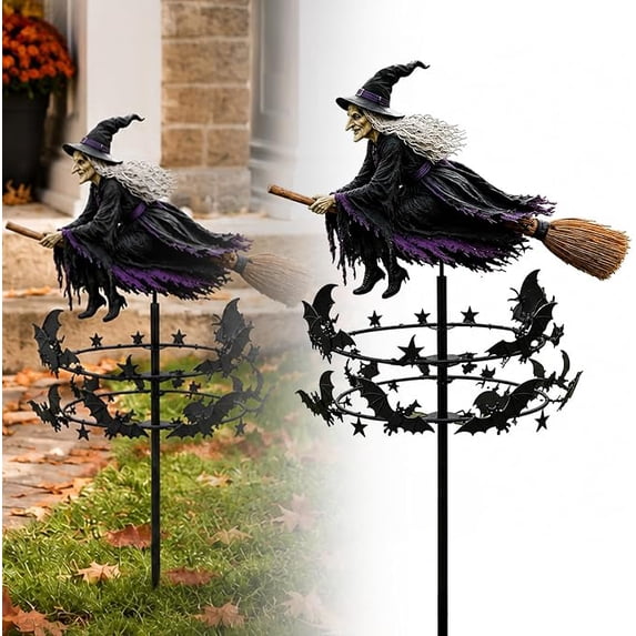 Haunted Halloween Yard Metal Wind Spinner, Flying Witch Riding Wooden Broom Double Ring Bat Kinetic Stake, Rust Resistant Outdoor Garden Lawn Path Autumn Halloween Party Decor
