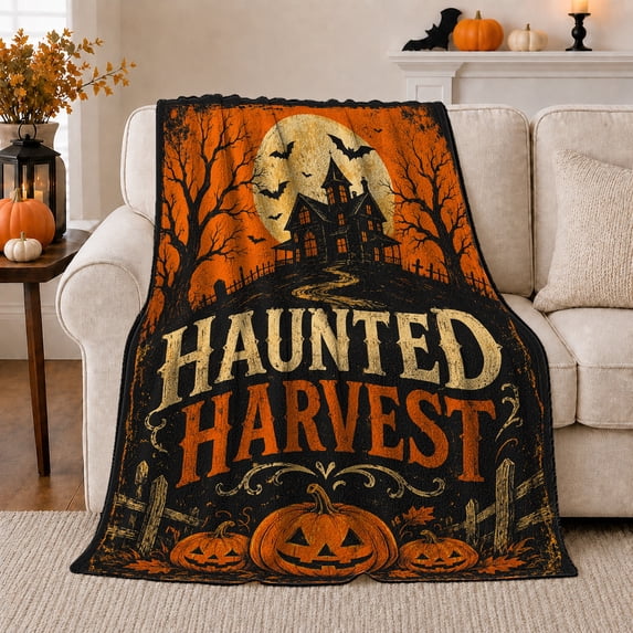 Haunted Harvest Pumpkin, Festive Halloween Scene, Warm Flannel Blanket for Living Room and Reading Nook with Detailed Artwork, Art Lovers Halloween Gift, Festive Home Decor