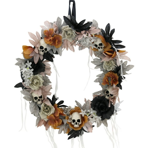 Haunted Hill Farm 22 in Halloween Autumn Wreath with Skulls, Multicolor, HHWRTHSKL-7