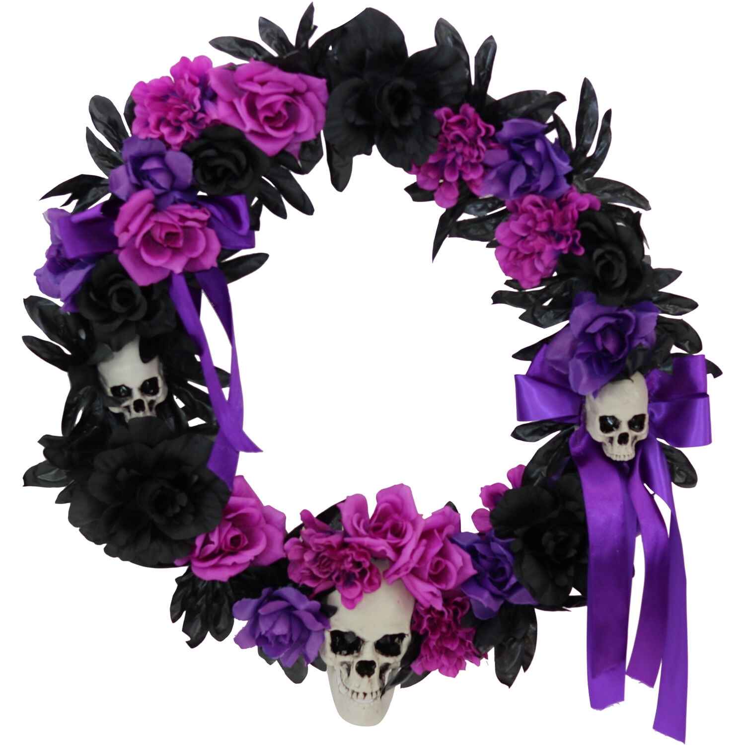 Haunted Hill Farm 1.83-ft. Halloween Wreath with Flowers and Skulls, in ...