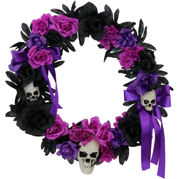 Haunted Hill Farm 1.83-ft. Halloween Wreath with Flowers and Skulls, in Black/Purple