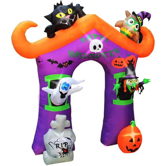 Haunted Hill Farm 10.5 ft Prelit Haunted House Arch with Ghost, Witch, Black Cat, Halloween Blow Up Inflatable, HIHLWNARCH092-L