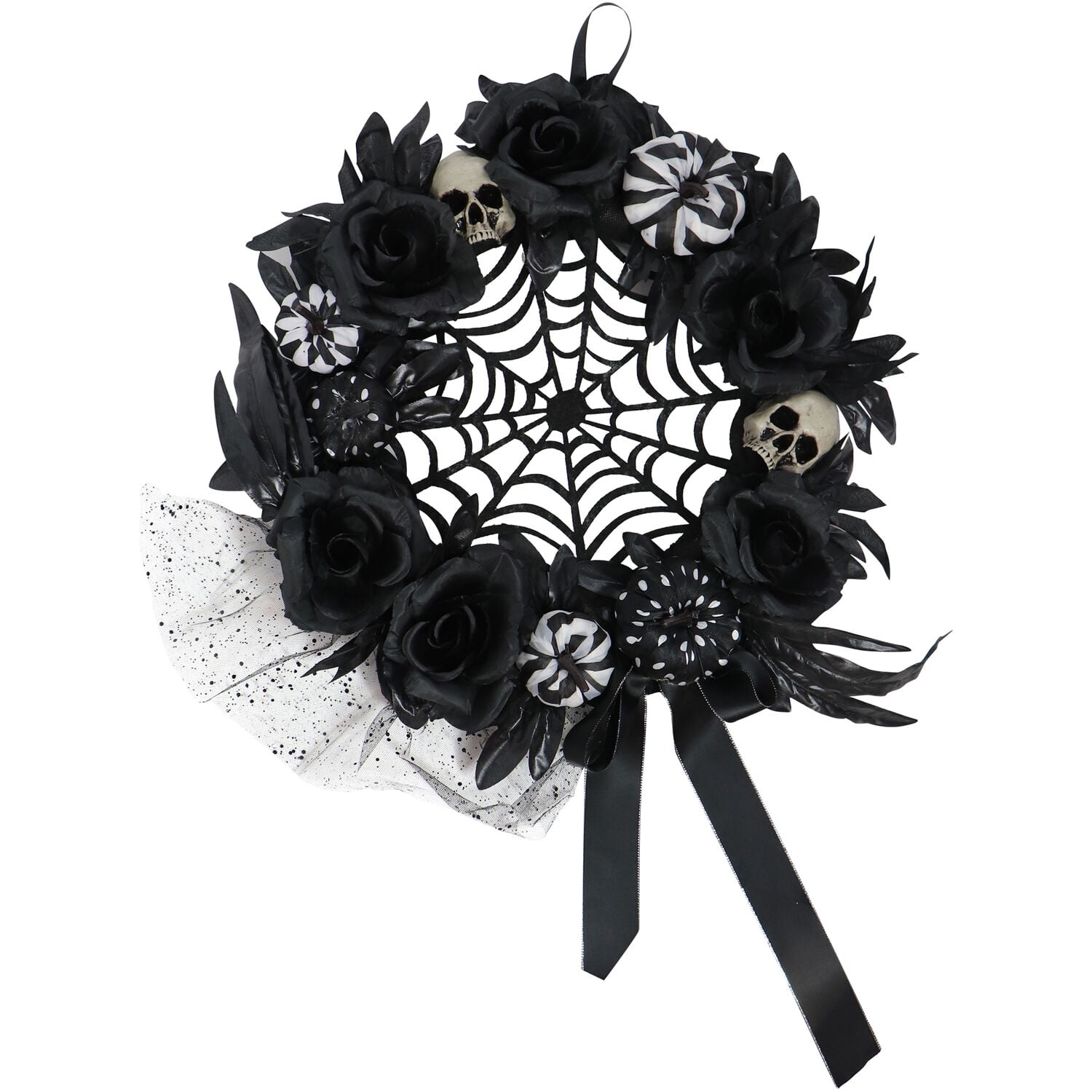 Haunted Hill Farm 15-In. 15-In. Halloween Black and White Floral Wreath with Pumpkins, Skulls, and Spiderweb for Haunted House Hanging Decoration, HHSPD-2WRTH